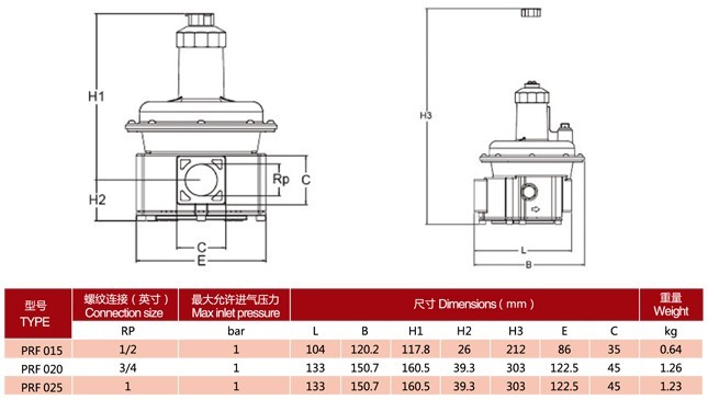 PRF系列带过滤器燃气调压器安装尺寸